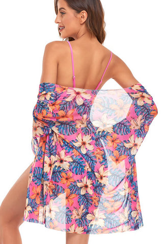 Robe de plage fleurie multicolore avec dos du bikini rose à bretelles