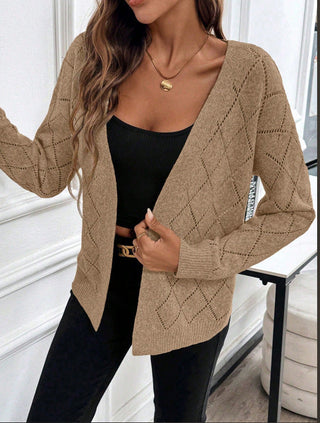 Cardigan ouvert kaki en tricot ajouré, col sans fermeture, motif losanges, manches longues