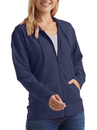 Veste à capuche zippée bleu marine, manches longues, fermeture éclair centrale.
