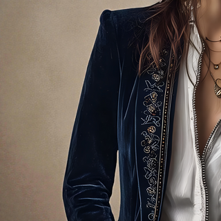 Veste en velours bleu marine : broderie décorative verticale sur la jambe de manche