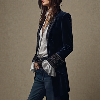 Veste en velours bleu marine à broderies noires et liserés dorés sur manches