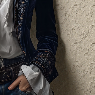 Veste en velours bleu marine : bas de manche avec broderie et revers décoratif