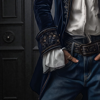 Veste en velours bleu marine avec liseré doré et manche brodée près de la taille