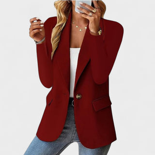 Blazer élégant rouge foncé à un bouton, poches à rabat, col tailleur et fente bas