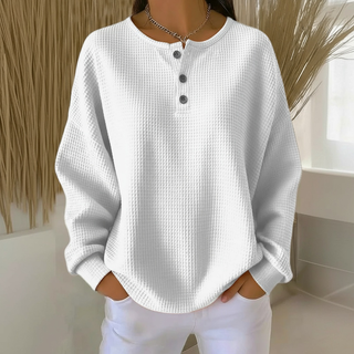 Sweat-shirt femme en tricot gaufré blanc, encolure boutonnée à trois boutons