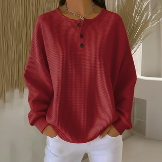 Sweat-shirt femme en tricot gaufré rouge, encolure boutonnée à trois boutons