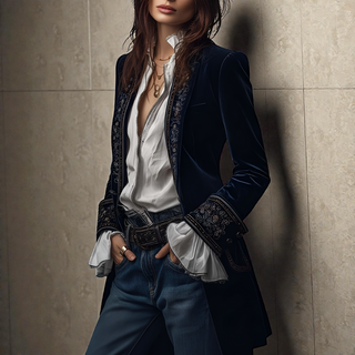 Veste en velours bleu marine ouverte avec broderies décoratives sur le col