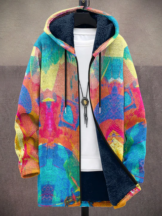 Veste sweat zippée multicolore, capuche doublée sombre et fermeture éclair visible