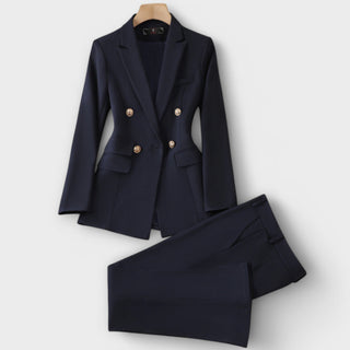 Ensemble veste et pantalon Ema bleu foncé, veste double boutonnage, pantalon droit
