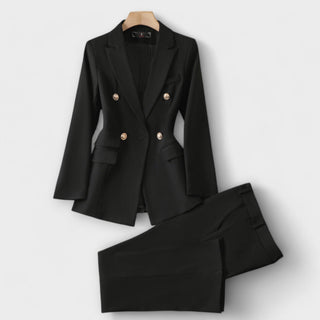 Ensemble veste et pantalon Ema noir, veste double boutonnage à boutons dorés, pantalon