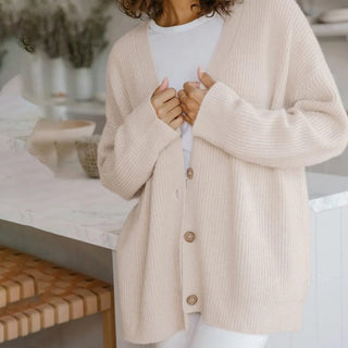 Cardigan en cachemire beige clair à boutons, col en V, manches longues