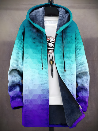 Sweat à capuche zippé turquoise et violet, capuche doublée grise, poches