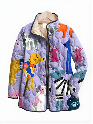 Veste matelassée multicolore imprimée de chiens, capuche doublée beige
