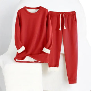 Ensemble sweat et pantalon jogging rouge, cordon de serrage blanc et bas côtelés