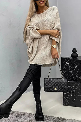 Poncho-blouse en tricot côtelé beige, coupe ample, encolure ronde, manches longues