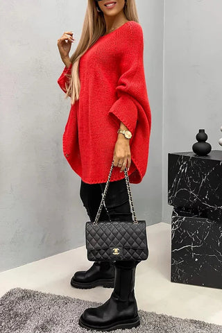 Poncho-blouse en tricot côtelé rouge, coupe ample, col rond et manches chauve-souris