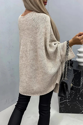 Poncho-blouse en tricot côtelé beige, vue dos, manches chauve-souris, col rond