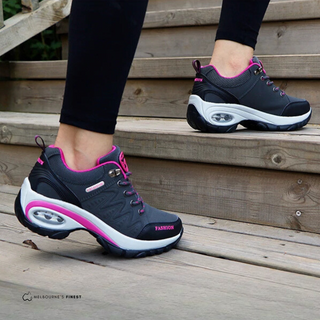 Chaussures orthopédiques femme Loni™ noires à lacets, semelle épaisse avec touches roses