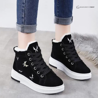 Bottes d’hiver noires pour femme, lacets, bord fourré blanc, semelle blanche à étoiles