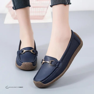 Mocassins orthopédiques femme bleu marine, semelle épaisse et bride à boucle métallique