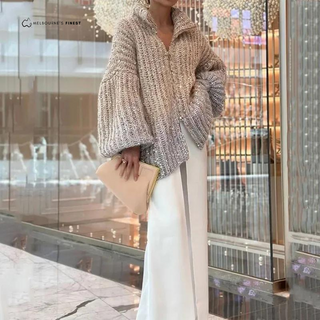 Cardigan Éclat Erica™ beige clair, col chemise et encolure boutonnée, manches longues