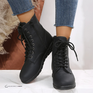 Bottes d’hiver noires montantes à lacets, fermeture éclair latérale et semelle épaisse