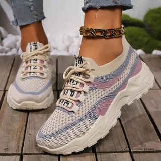 Chaussure de sport femme Irma™ en tricot beige avec empiècement rose, lacets.