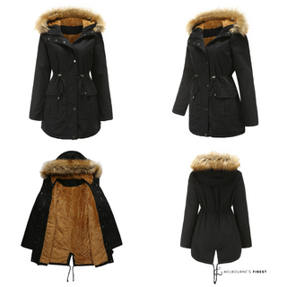 Manteau d’hiver Becca™ coupe-vent noir, capuche bordée de fausse fourrure, cordon.