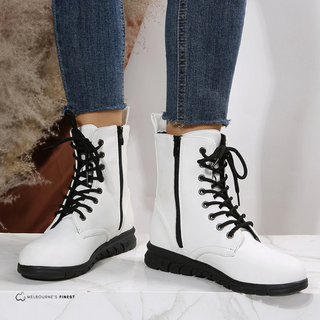Bottes d’hiver blanches montantes à lacets, semelle épaisse crantée