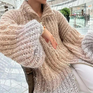 Cardigan texturé beige, détails à sequins, col et poignets avec mailles torsadées