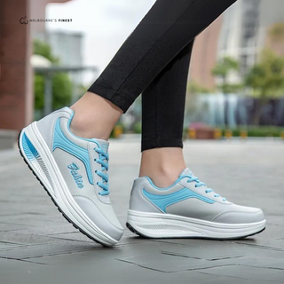 Chaussures orthopédiques femme Fahin™ bleu ciel et gris, tige basse à lacets, semelle blanche