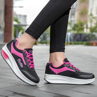Chaussures orthopédiques femme Fahin™ noires, à lacets fuchsia, semelle blanche rayée