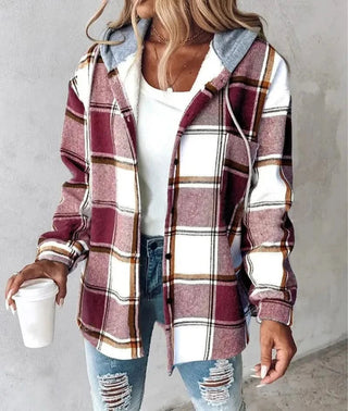 Manteau à capuche en tartan bordeaux et beige, fermeture boutonnée, manches longues