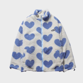 Veste réversible Manuela en polaire blanche à cœurs bleus, zip devant