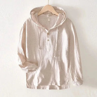 Sweat à capuche en lin beige, poche kangourou, capuche à cordon et boutonnage.