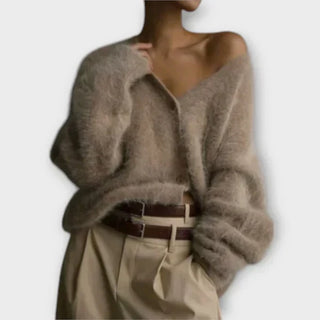 Cardigan à encolure V, manches longues, boutons devant, tissu duveteux marron clair