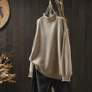 Pull en cachemire Amara beige, col haut côtelé et maille texturée, manches longues amples