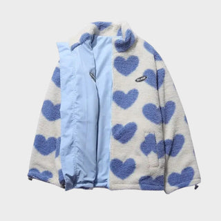 Veste réversible Manuela: extérieur bleu clair et polaire blanche à cœurs bleus, zip