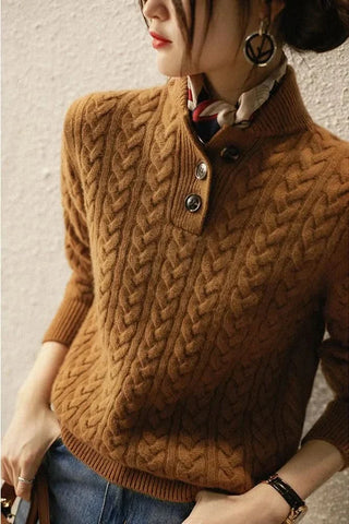 Pull en cachemire marron à col montant et boutons, maille torsadée