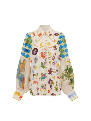 Blouse blanche manches bouffantes, imprimé animaux et planètes, col chemise et boutonnage