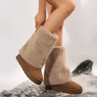 Bottes fourrées à tige haute en peluche, marron, semelle épaisse et arrondie