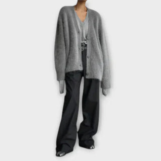Cardigan à encolure V, boutonné devant, manches longues, tissu duveteux gris foncé