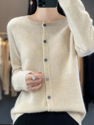 Cardigan en tricot à boutons blanc cassé, col rond, boutons nacrés