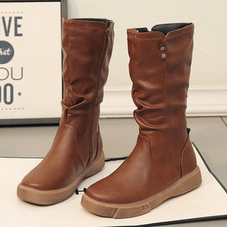 Bottes mi-mollet marron, fermeture éclair latérale, bout arrondi, semelle épaisse.