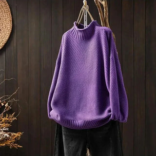 Pull en cachemire Amara violet, col montant côtelé et maille texturée, manches amples