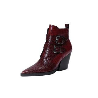 Botte pour femme en cuir rouge vin à bout pointu, talon bloc noir, avec double boucle.