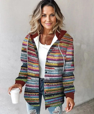 Manteau à capuche rayé multicolore, fermeture boutonnée, coupe mi-cuisse