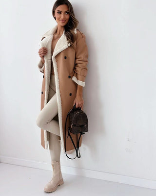 Manteau teddy long camel clair à bordure en fausse fourrure, fermeture boutonnée