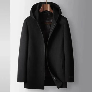 Manteau à capuche en laine 100%, noir, fermeture zippée, doublure sombre