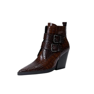 Botte pour femme en cuir marron foncé à bout pointu, talon bloc noir, double boucle.